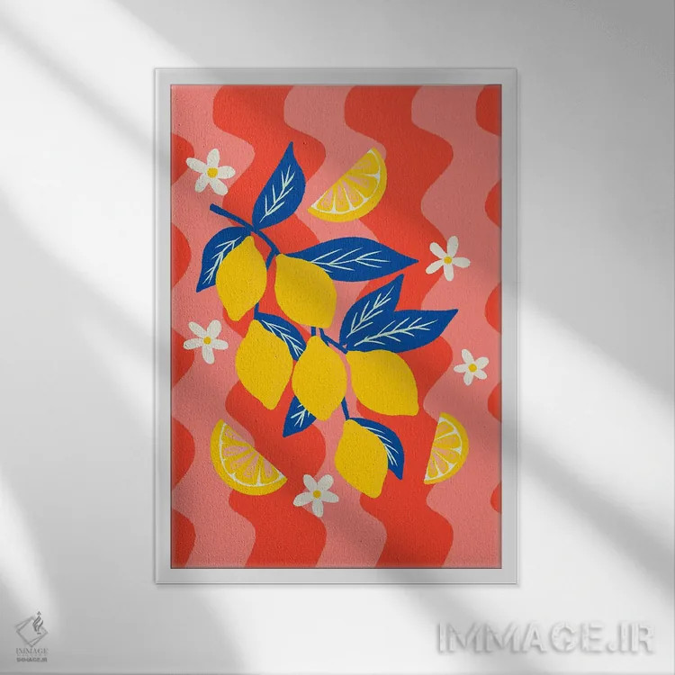 تابلو دکوراتیو شاخه لیمو با زمینه موج دار اثر آنجلا مینکا - نمای قابدار سفید