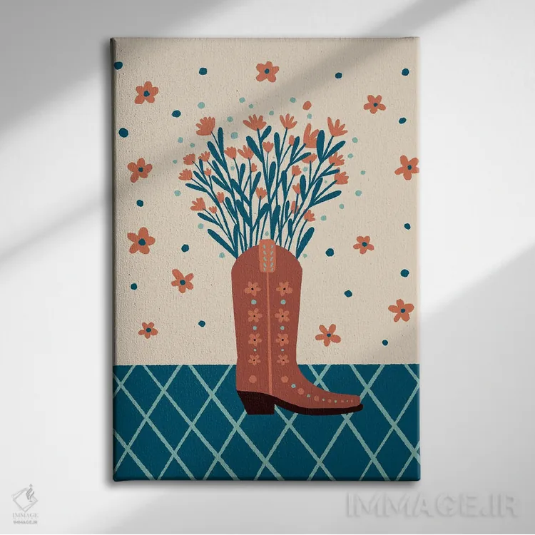 تابلو دکوراتیو چکمه کابویی با گل ها اثر آنجلا مینکا - نمای روبهرو روی دیوار