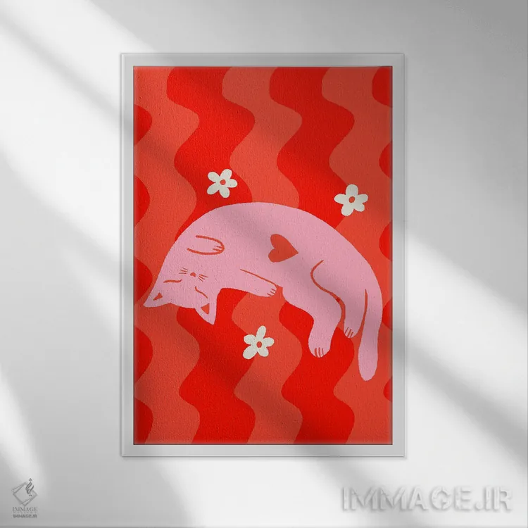 تابلو دکوراتیو گربه صورتی خواب آلود با زمینه موج دار اثر آنجلا مینکا - نمای قابدار سفید