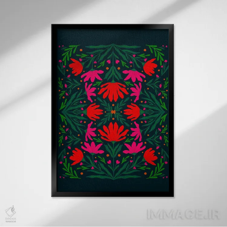 تابلو دکوراتیو گل های صورتی و قرمز برجسته اثر آنجلا مینکا - نمای قابدار مشکی