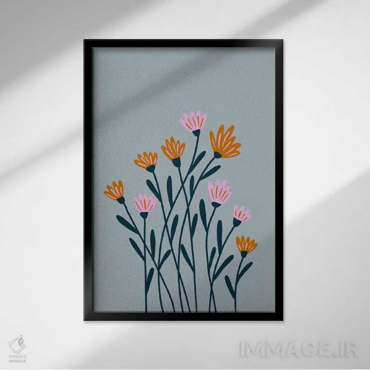 تابلو دکوراتیو گل های نارنجی و صورتی اثر آنجلا مینکا - نمای قابدار مشکی