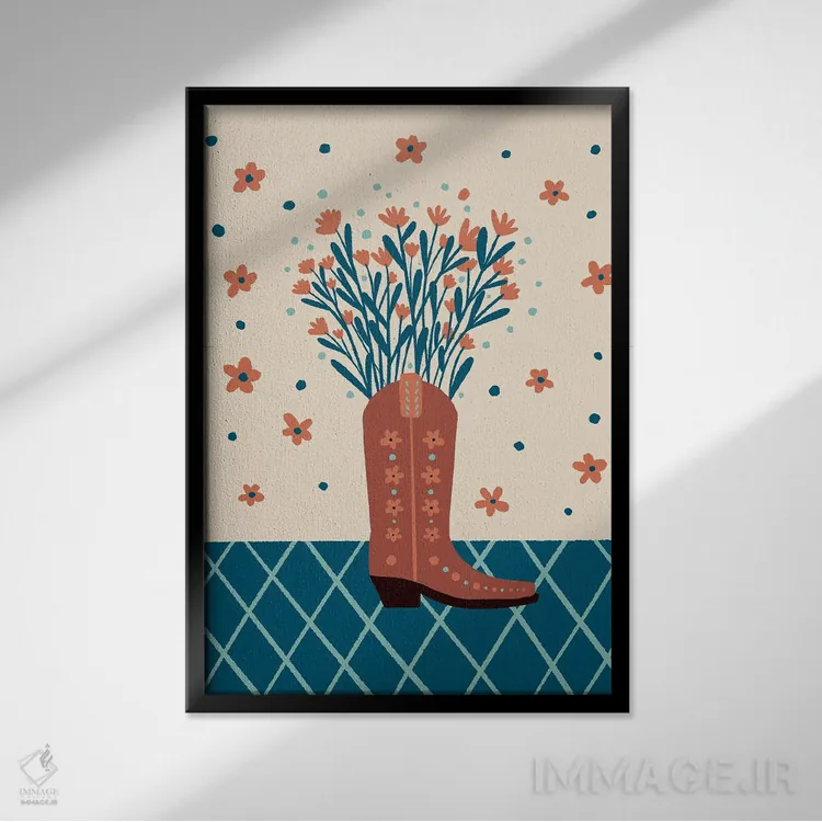 تابلو دکوراتیو چکمه کابویی با گل ها اثر آنجلا مینکا - نمای قابدار مشکی