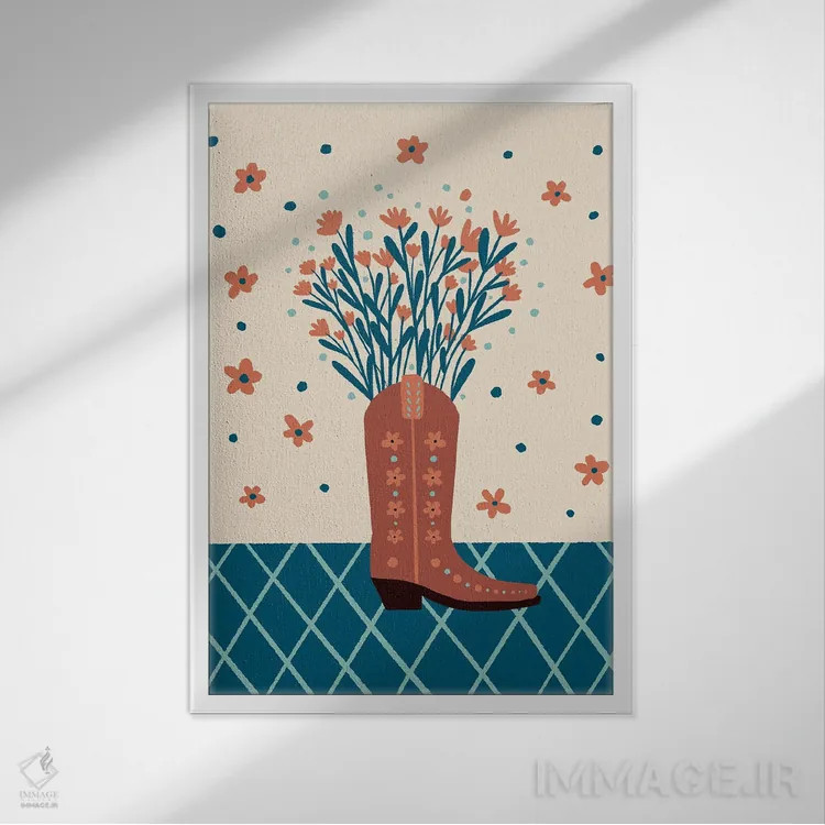 تابلو دکوراتیو چکمه کابویی با گل ها اثر آنجلا مینکا - نمای قابدار سفید