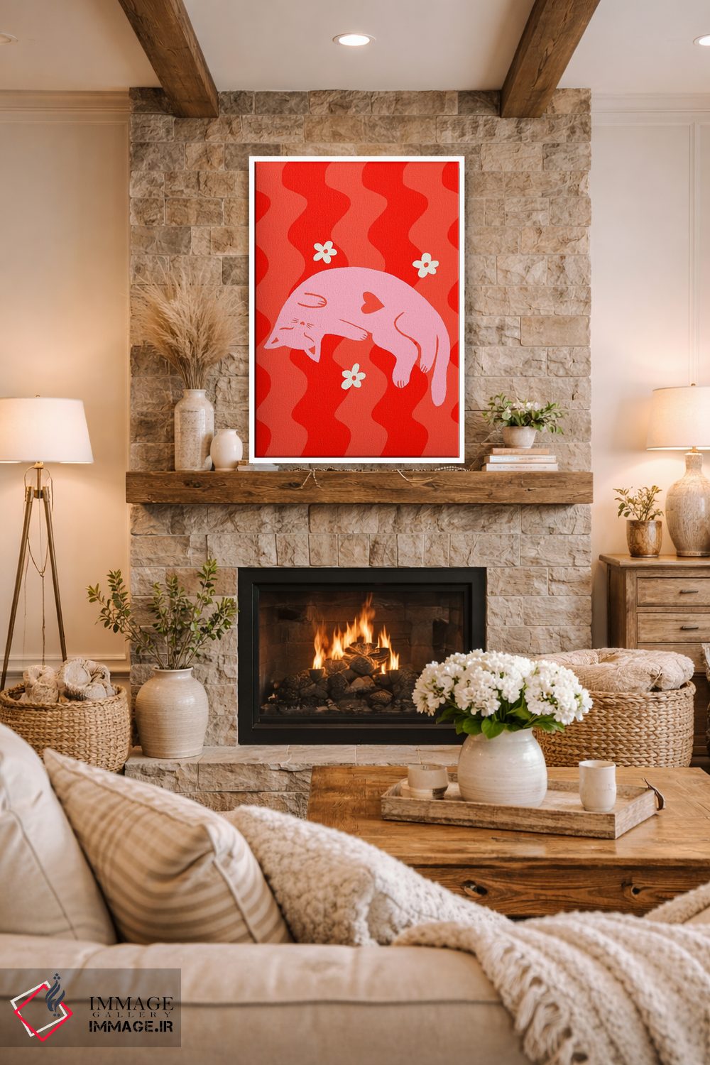 تابلو دکوراتیو گربه صورتی خواب آلود با زمینه موج دار اثر آنجلا مینکا - D1W