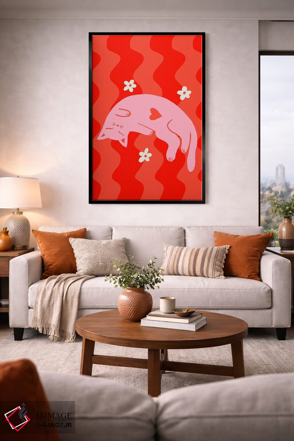 تابلو دکوراتیو گربه صورتی خواب آلود با زمینه موج دار اثر آنجلا مینکا - D3B