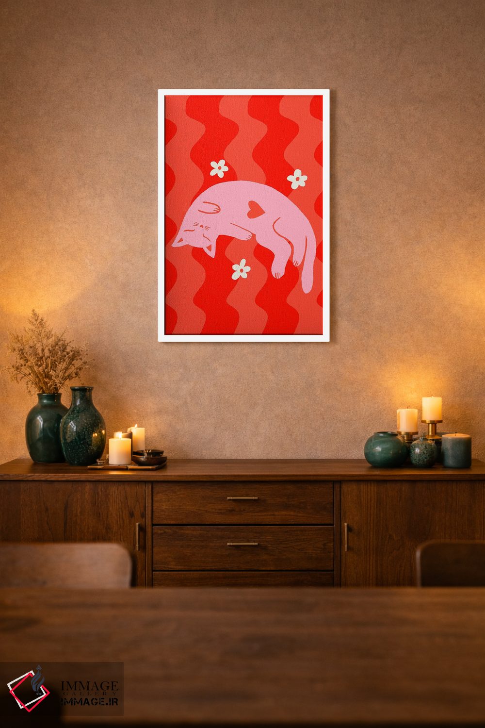 تابلو دکوراتیو گربه صورتی خواب آلود با زمینه موج دار اثر آنجلا مینکا - D2W