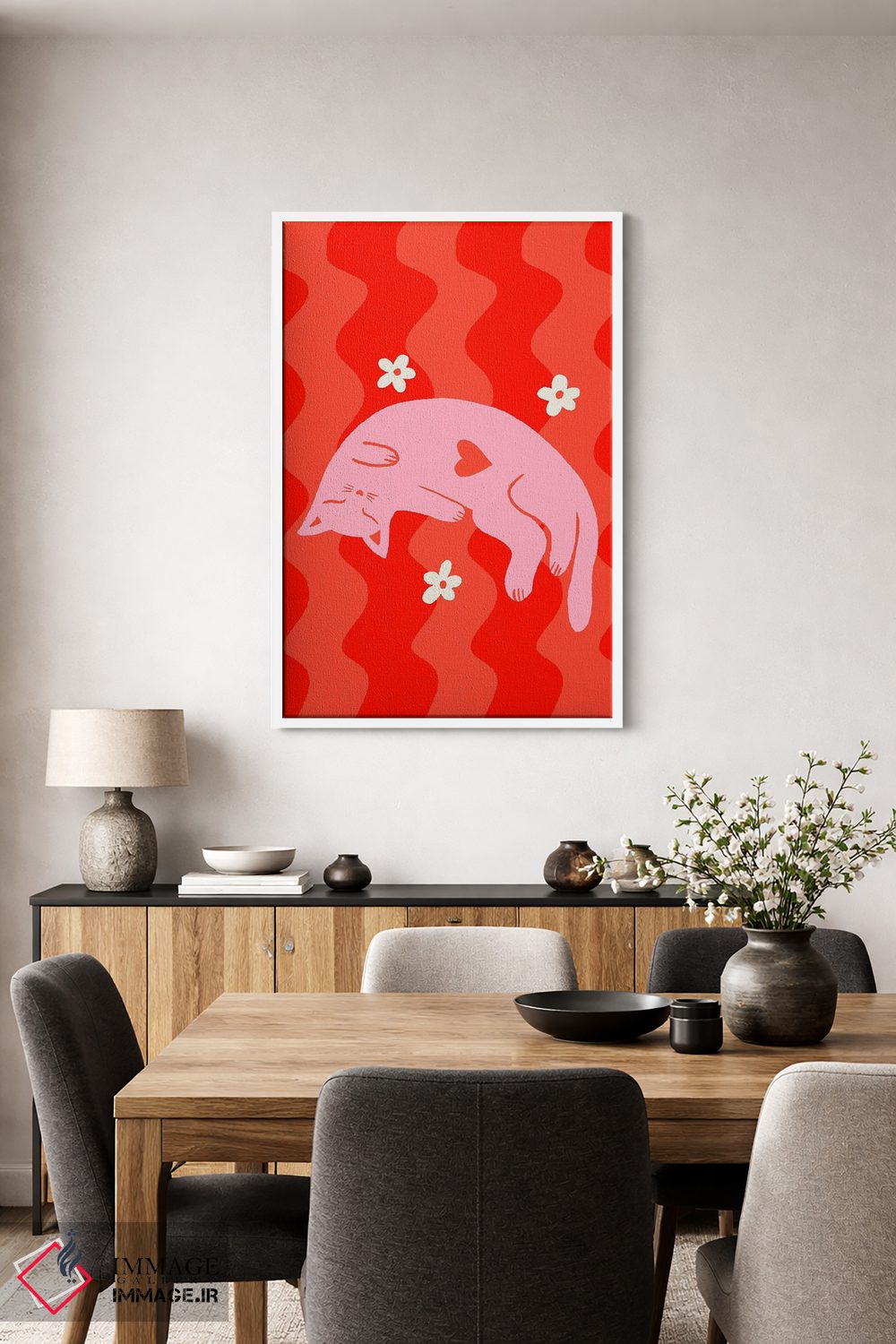 تابلو دکوراتیو گربه صورتی خواب آلود با زمینه موج دار اثر آنجلا مینکا - D4W