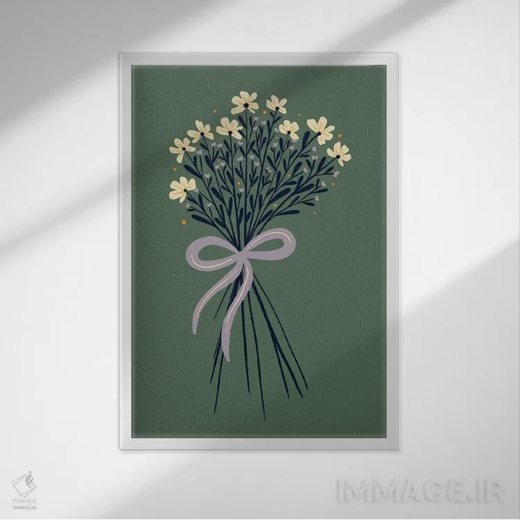 تابلو دکوراتیو دسته گل تزئینی با روبان اثر آنجلا مینکا - نمای قابدار سفید