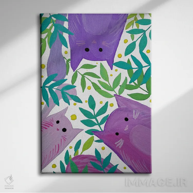 تابلو دکوراتیو گربه های بنفش میان شاخه ها اثر آنجلا مینکا - نمای روبهرو روی دیوار