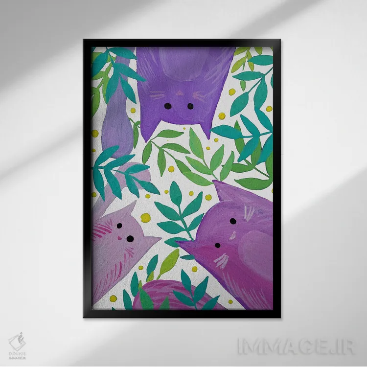 تابلو دکوراتیو گربه های بنفش میان شاخه ها اثر آنجلا مینکا - نمای قابدار مشکی