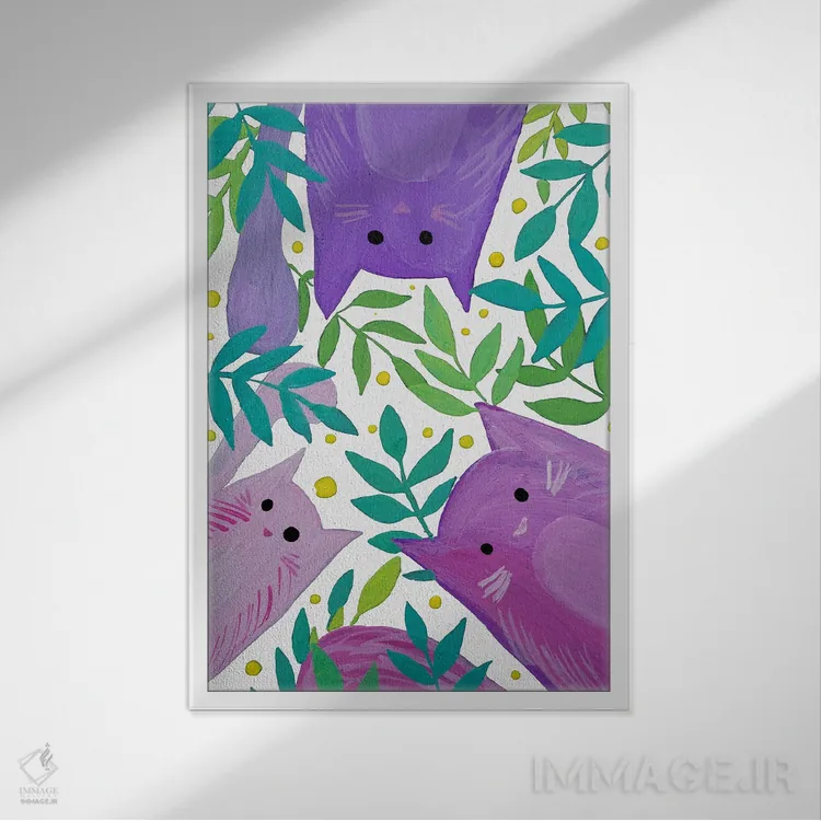 تابلو دکوراتیو گربه های بنفش میان شاخه ها اثر آنجلا مینکا - نمای قابدار سفید