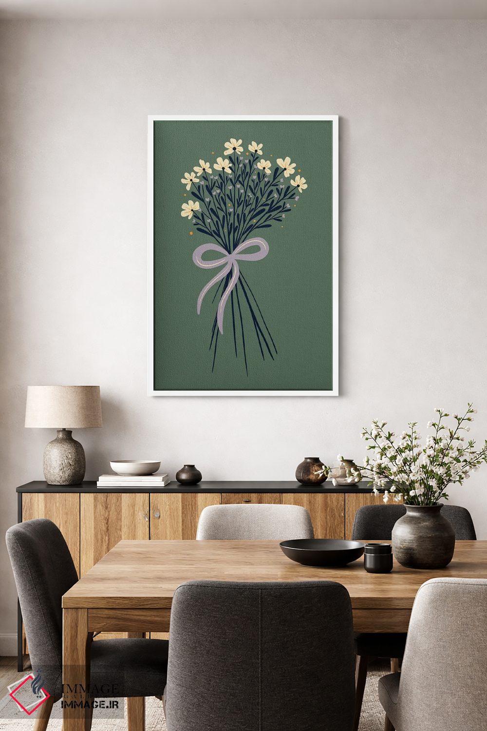 تابلو دکوراتیو دسته گل تزئینی با روبان اثر آنجلا مینکا - D2W