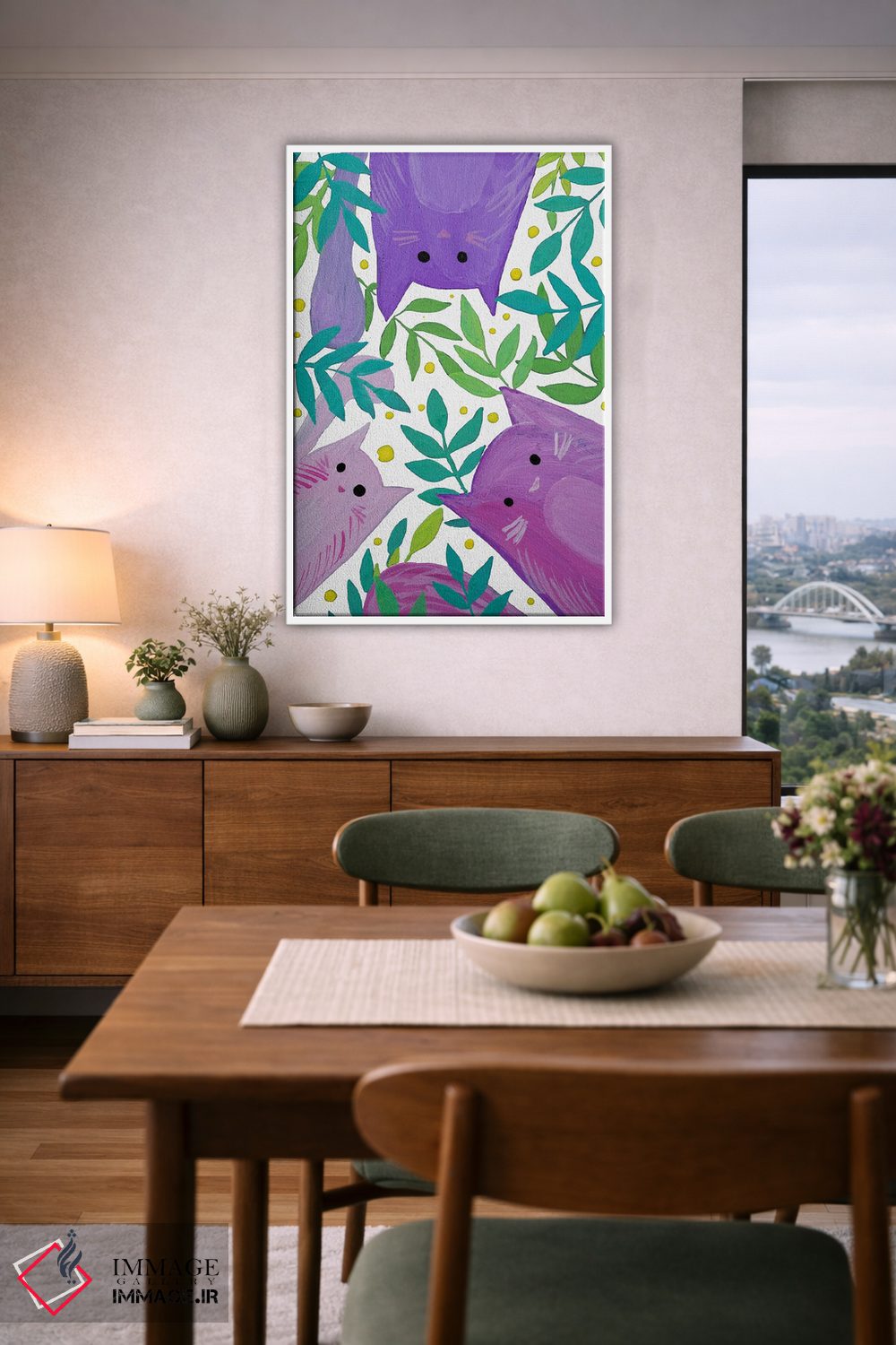 تابلو دکوراتیو گربه های بنفش میان شاخه ها اثر آنجلا مینکا - D6W