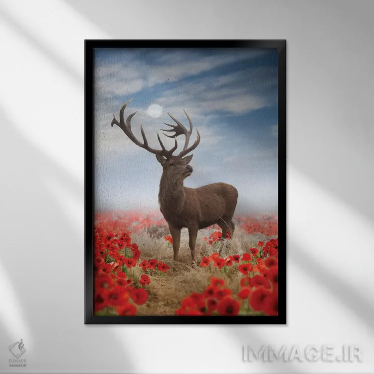 تابلو دکوراتیو گوزن شقایق اثر مکس الیس - نمای قابدار مشکی