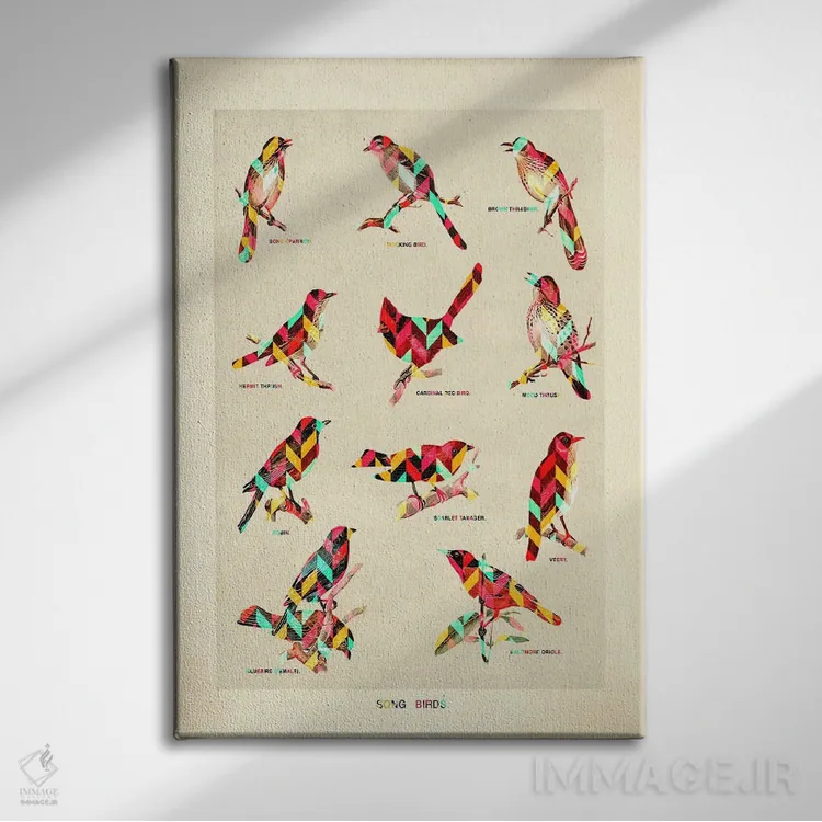 تابلو دکوراتیو پرندگان آوازخوان اثر دیه گو تیریگال - نمای روبهرو روی دیوار