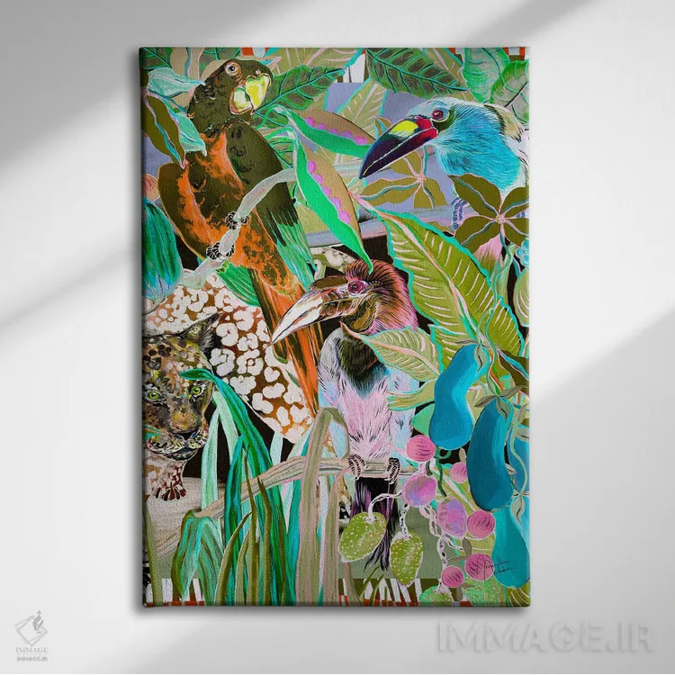 تابلو دکوراتیو پرندگان جنگل مکزیک اثر مریلین مدو - نمای روبهرو روی دیوار