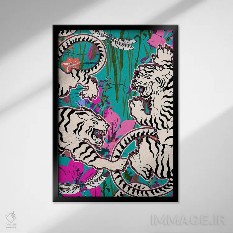 تابلو دکوراتیو صحنه استخر ببرهای سفید اثر مریلین مدو - نمای قابدار مشکی