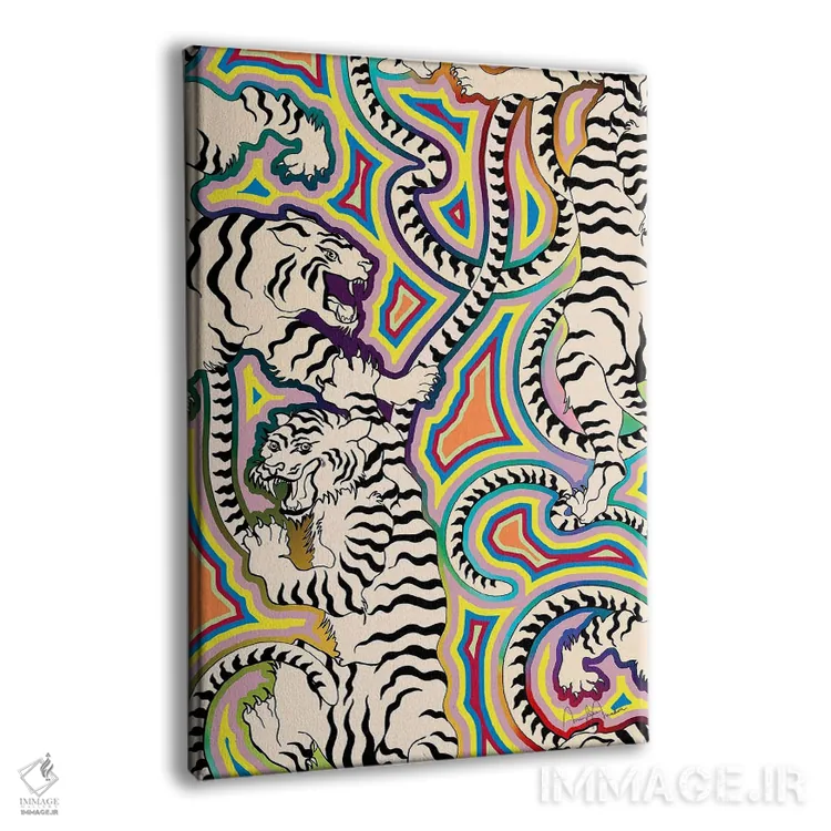 تابلو دکوراتیو ببرهای سفید و فرش هندی اثر مریلین مدو - نمای پرسپکتیو محصول