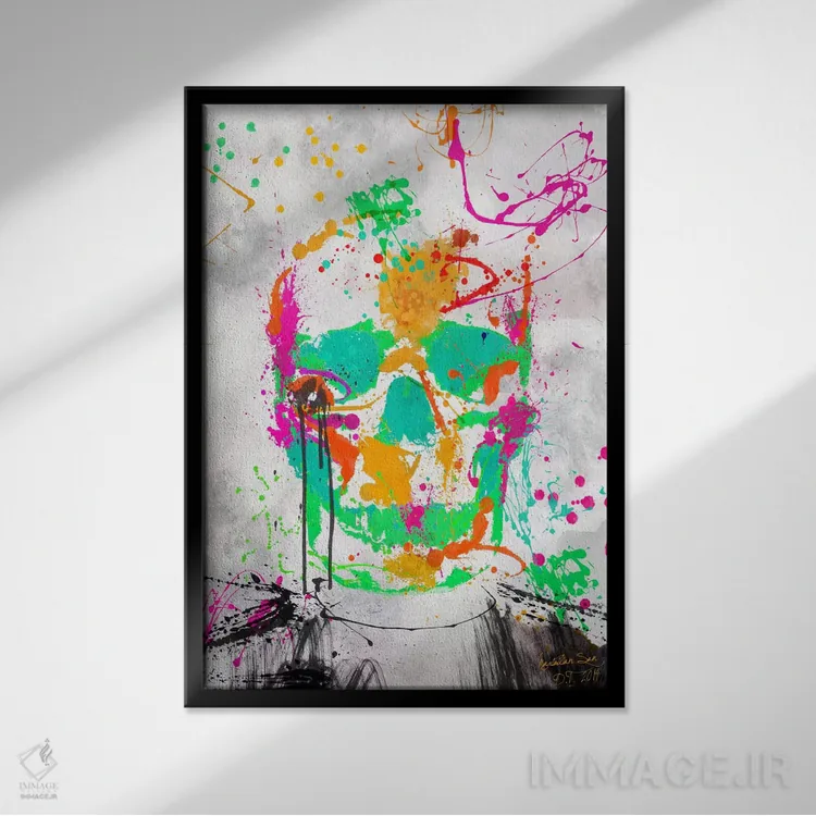 تابلو دکوراتیو جمجمه با رنگ مرده شماره ۲ اثر دیه گو تیریگال - نمای قابدار مشکی