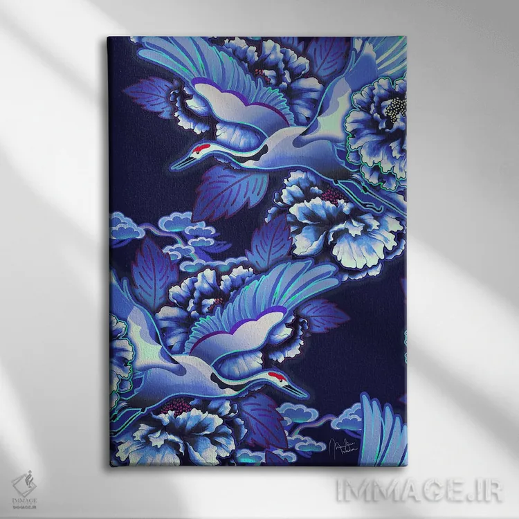 تابلو دکوراتیو درناهای ژاپنی نیلی اثر مریلین مدو - نمای روبهرو روی دیوار