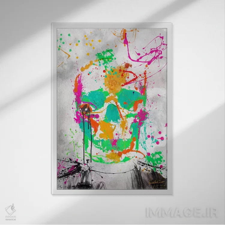 تابلو دکوراتیو جمجمه با رنگ مرده شماره ۲ اثر دیه گو تیریگال - نمای قابدار سفید