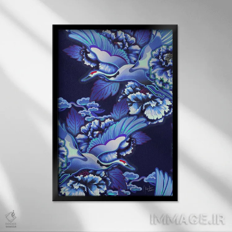 تابلو دکوراتیو درناهای ژاپنی نیلی اثر مریلین مدو - نمای قابدار مشکی