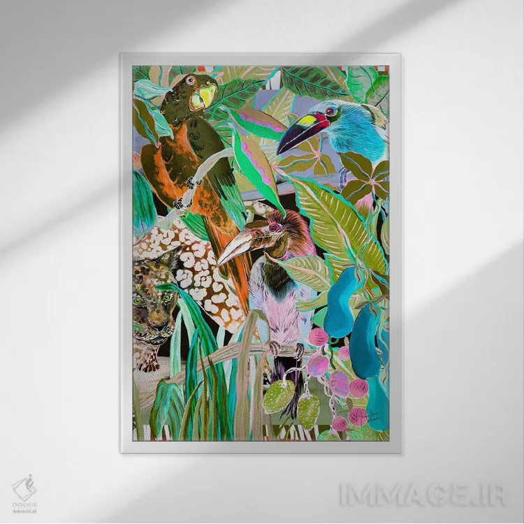 تابلو دکوراتیو پرندگان جنگل مکزیک اثر مریلین مدو - نمای قابدار سفید