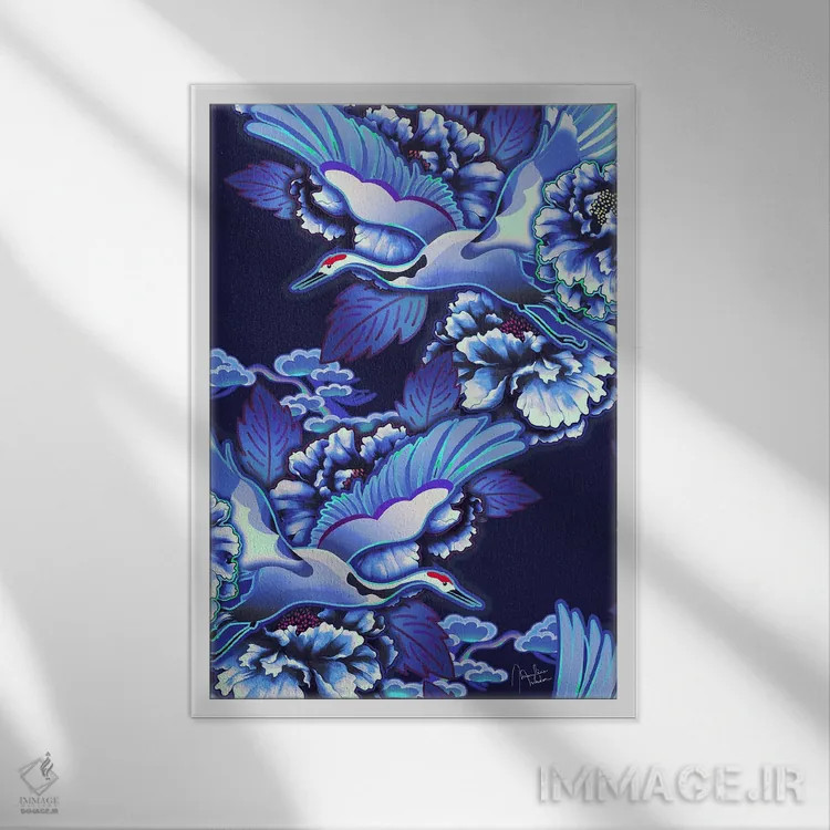 تابلو دکوراتیو درناهای ژاپنی نیلی اثر مریلین مدو - نمای قابدار سفید