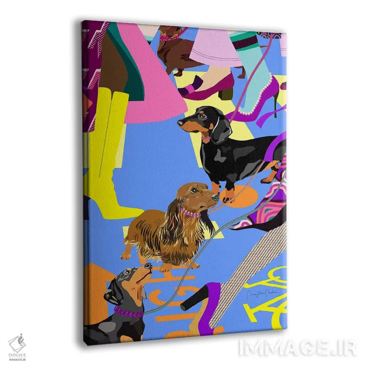 تابلو دکوراتیو دختران مد و سگ های داشهوندشان در عبور خیابان اثر مریلین مدو - نمای پرسپکتیو محصول