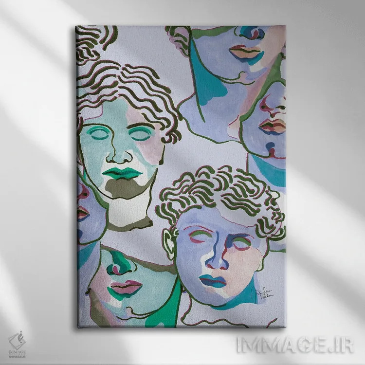 تابلو دکوراتیو مجسمه های یونانی با رنگ آبی پاستلی اثر مریلین مدو - نمای روبهرو روی دیوار