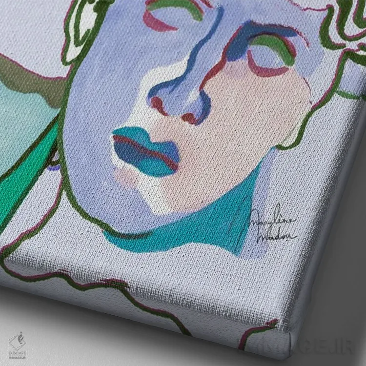 تابلو دکوراتیو مجسمه های یونانی با رنگ آبی پاستلی اثر مریلین مدو - نمای نزدیک بافت بوم