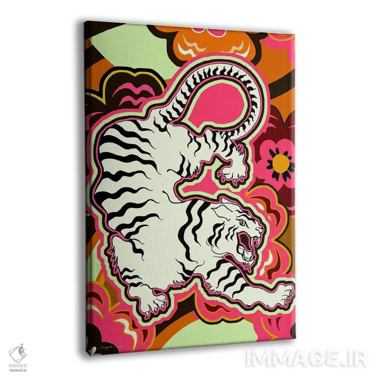 تابلو دکوراتیو طرح گلدار ببر سفید اثر مریلین مدو - نمای پرسپکتیو محصول