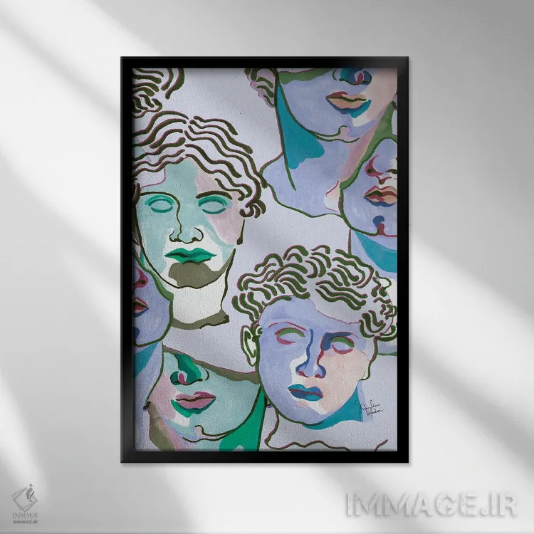 تابلو دکوراتیو مجسمه های یونانی با رنگ آبی پاستلی اثر مریلین مدو - نمای قابدار مشکی