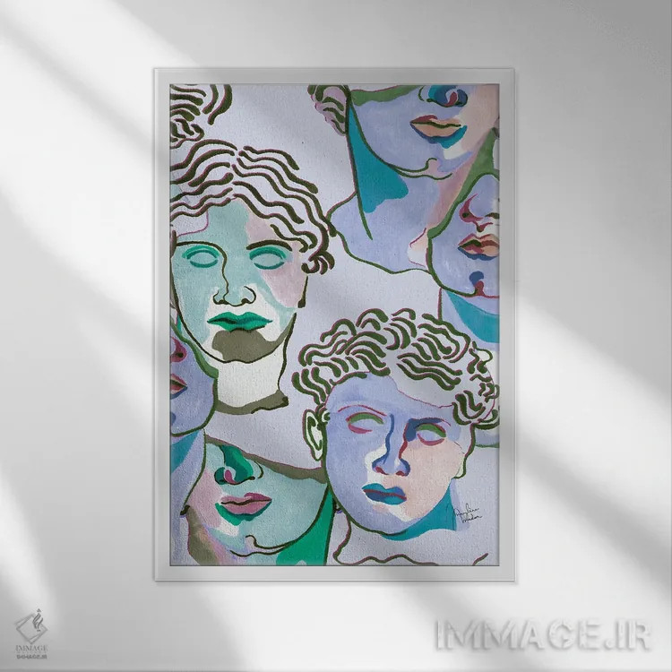 تابلو دکوراتیو مجسمه های یونانی با رنگ آبی پاستلی اثر مریلین مدو - نمای قابدار سفید