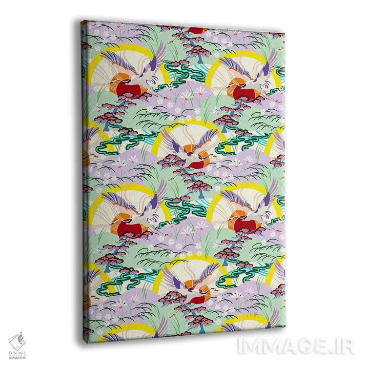 تابلو دکوراتیو درناهای ژاپنی و دایره های رترو اثر مریلین مدو - نمای پرسپکتیو محصول