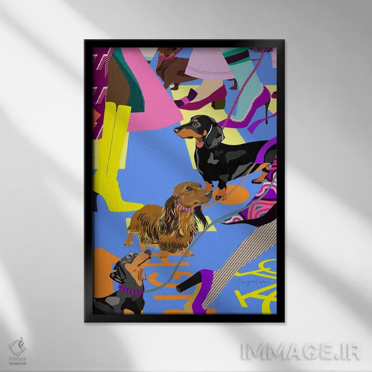 تابلو دکوراتیو دختران مد و سگ های داشهوندشان در عبور خیابان اثر مریلین مدو - نمای قابدار مشکی