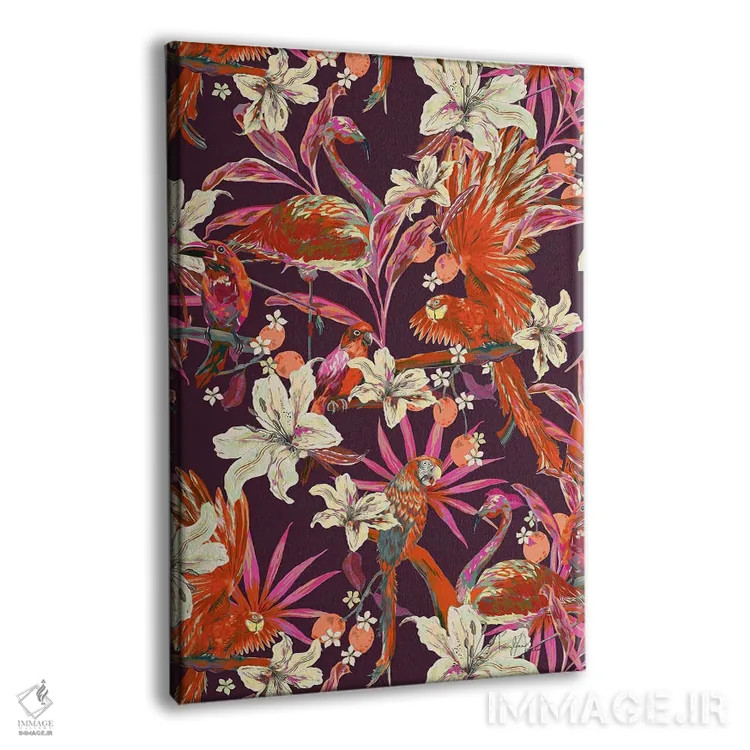 تابلو دکوراتیو پرندگان جنگل: فلامینگو و طوطی اثر مریلین مدو - نمای پرسپکتیو محصول