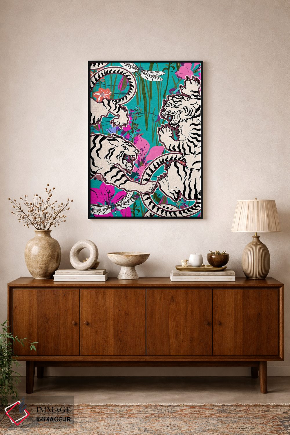 تابلو دکوراتیو صحنه استخر ببرهای سفید اثر مریلین مدو - D2B