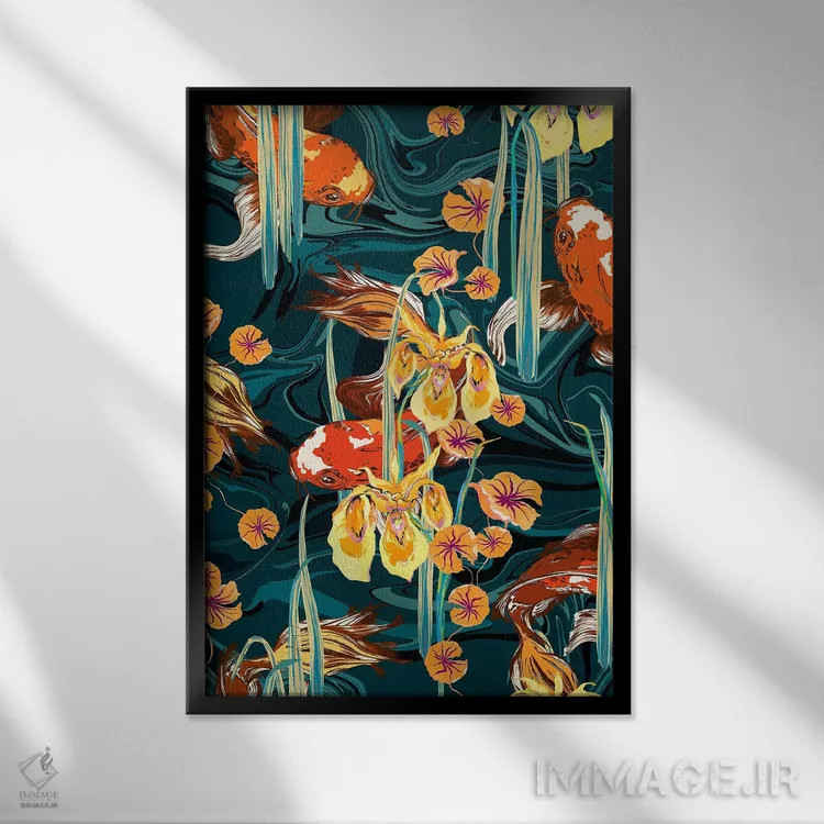 تابلو دکوراتیو حوض ماهی کوی آبی-پترولی اثر مریلین مدو - نمای قابدار مشکی