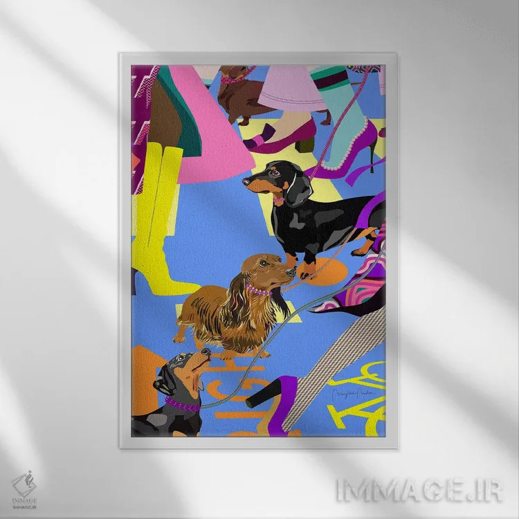 تابلو دکوراتیو دختران مد و سگ های داشهوندشان در عبور خیابان اثر مریلین مدو - نمای قابدار سفید