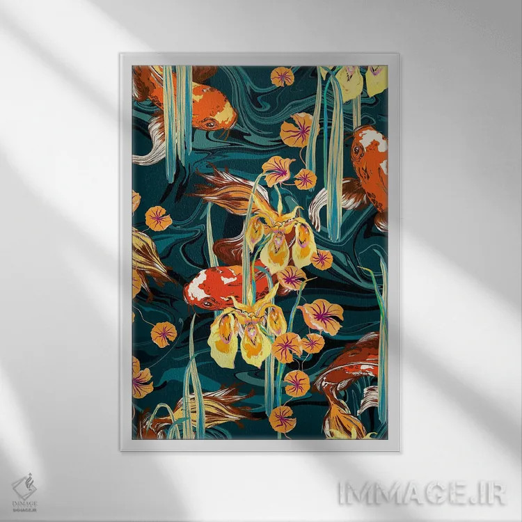 تابلو دکوراتیو حوض ماهی کوی آبی-پترولی اثر مریلین مدو - نمای قابدار سفید