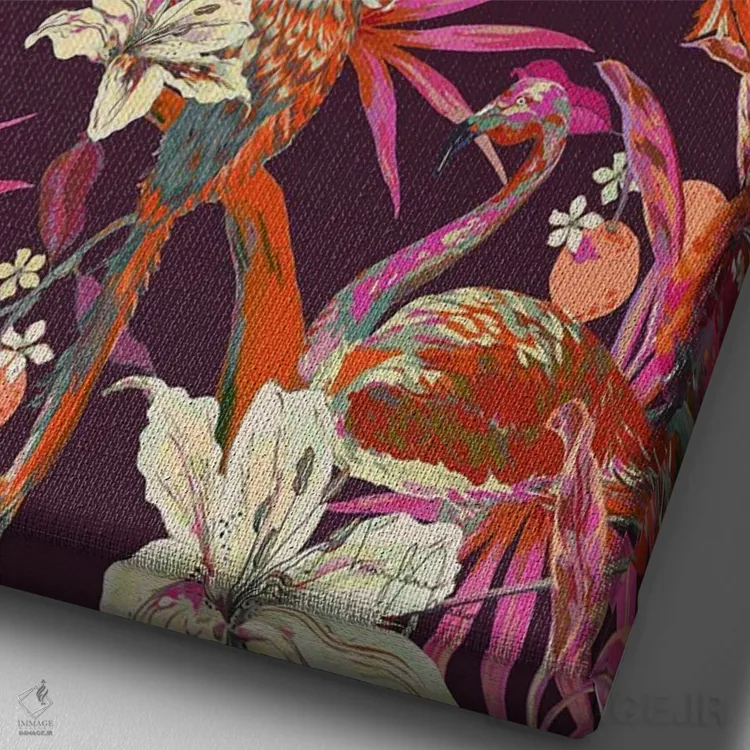 تابلو دکوراتیو پرندگان جنگل: فلامینگو و طوطی اثر مریلین مدو - نمای نزدیک بافت بوم