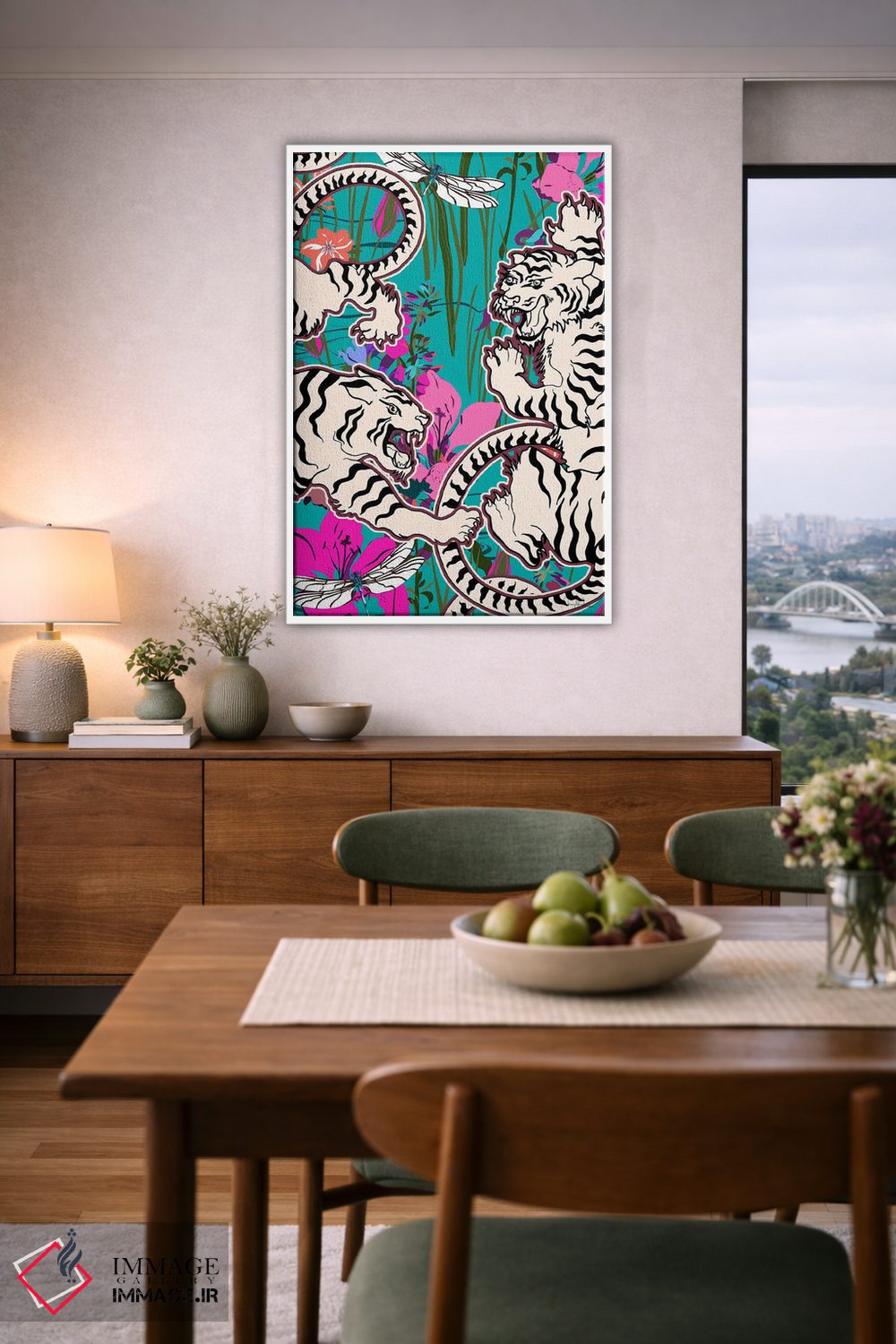 تابلو دکوراتیو صحنه استخر ببرهای سفید اثر مریلین مدو - D6W