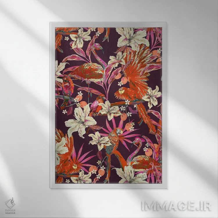 تابلو دکوراتیو پرندگان جنگل: فلامینگو و طوطی اثر مریلین مدو - نمای قابدار سفید