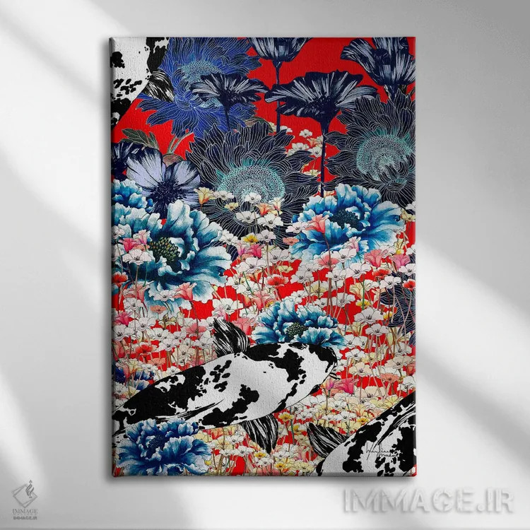 تابلو دکوراتیو کوزه چینی و ماهی کوی اثر مریلین مدو - نمای روبهرو روی دیوار