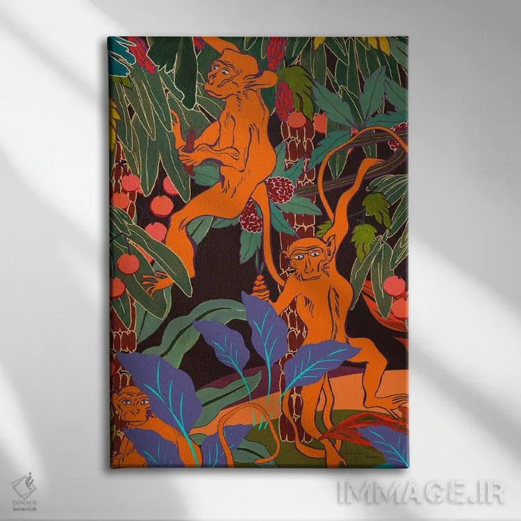 تابلو دکوراتیو میمون های تاب بازی در جنگل اثر مریلین مدو - نمای روبهرو روی دیوار