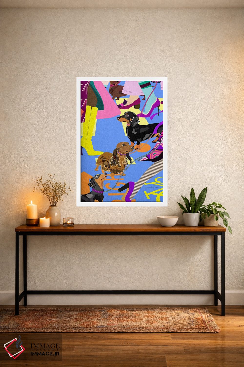 تابلو دکوراتیو دختران مد و سگ های داشهوندشان در عبور خیابان اثر مریلین مدو - D2W