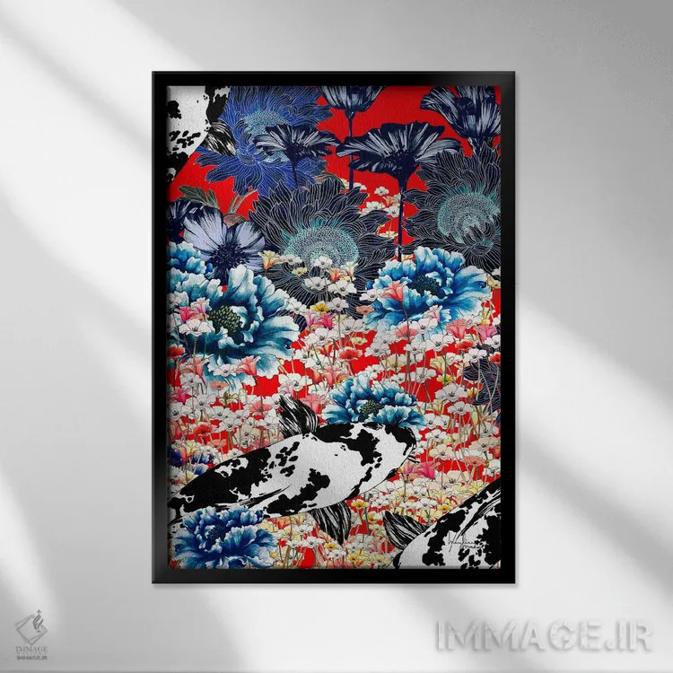 تابلو دکوراتیو کوزه چینی و ماهی کوی اثر مریلین مدو - نمای قابدار مشکی