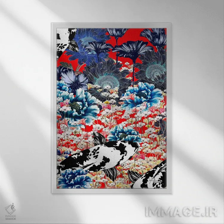 تابلو دکوراتیو کوزه چینی و ماهی کوی اثر مریلین مدو - نمای قابدار سفید