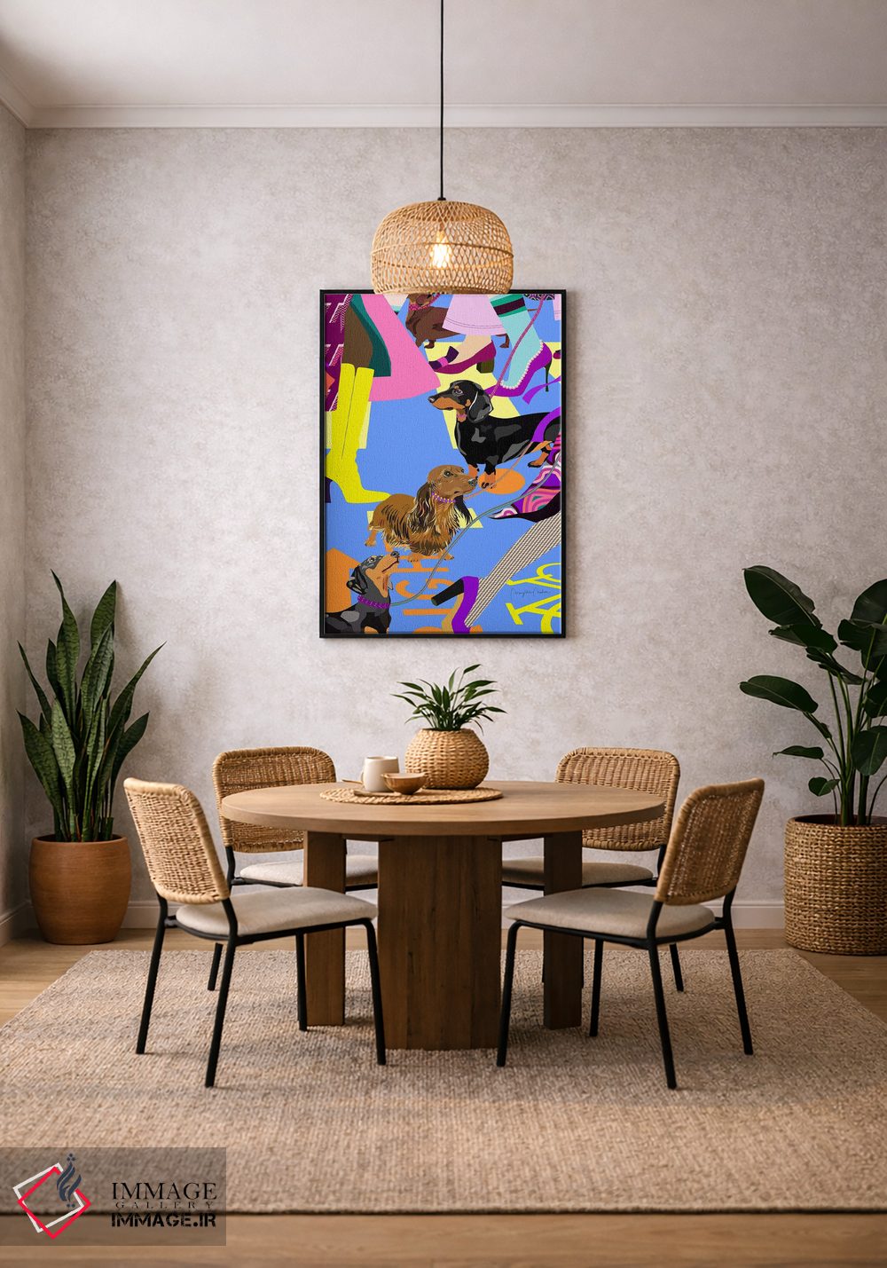 تابلو دکوراتیو دختران مد و سگ های داشهوندشان در عبور خیابان اثر مریلین مدو - D4B